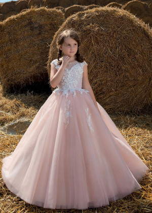Cap Sleeves Lace Tulle V Back Floor Length Flower Girl Dress